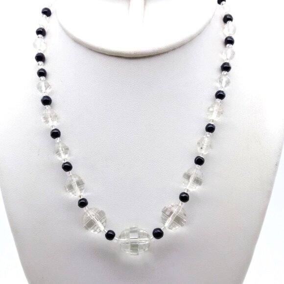 Elegant Art Deco Strand Necklace with Stepped Clear Czech Glass Beads and Black - Picture 1 of 4